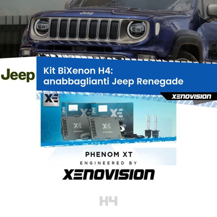 Kit Bixenon professionale H4 per Jeep Renegade  (2014 in poi). Taglio di luce perfetto, zero spie e riverberi. Leggendaria elettronica Canbus Xenovision. Qualità Massima Garantita.