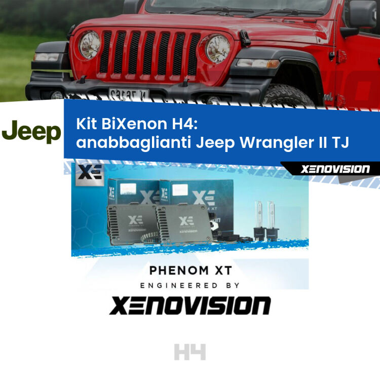 Kit Bixenon professionale H4 per Jeep Wrangler II TJ (1996 - 2005). Taglio di luce perfetto, zero spie e riverberi. Leggendaria elettronica Canbus Xenovision. Qualità Massima Garantita.