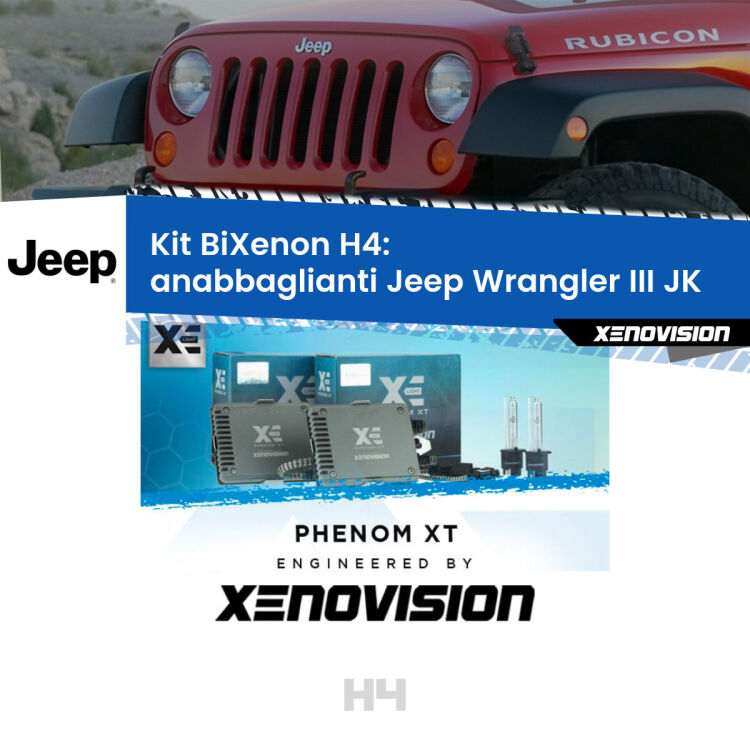 0 H4: Kit Bi Xenon Jeep Wrangler III JK (2006 - 2016) Specifico Zero-Spie Kit Bixenon professionale H4 per Jeep Wrangler III JK (2006 - 2016). Taglio di luce perfetto, zero spie e riverberi. Leggendaria elettronica Canbus Xenovision. Qualità Massima Garantita.