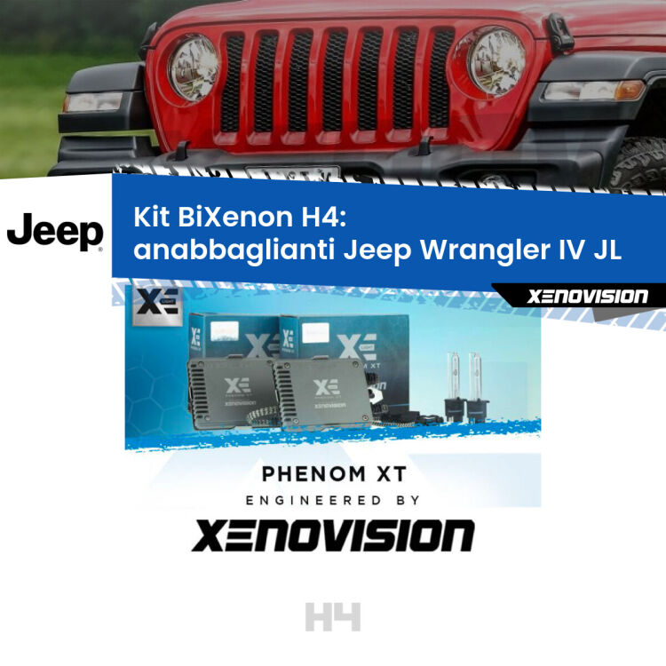 0 H4: Kit Bi Xenon Jeep Wrangler IV JL (2017 in poi) Specifico Zero-Spie Kit Bixenon professionale H4 per Jeep Wrangler IV JL (2017 in poi). Taglio di luce perfetto, zero spie e riverberi. Leggendaria elettronica Canbus Xenovision. Qualità Massima Garantita.