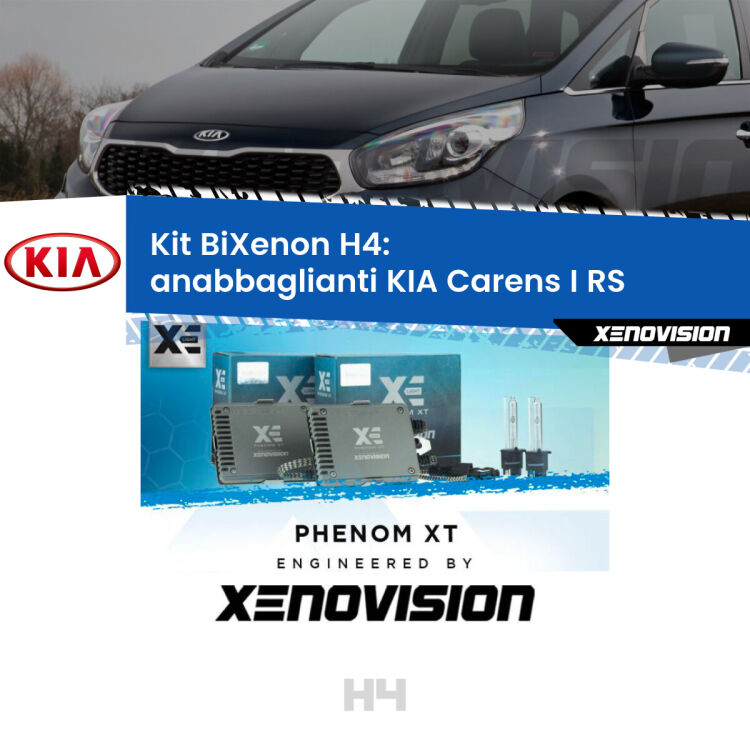 Kit Bixenon professionale H4 per KIA Carens I RS (1999 - 2005). Taglio di luce perfetto, zero spie e riverberi. Leggendaria elettronica Canbus Xenovision. Qualità Massima Garantita.