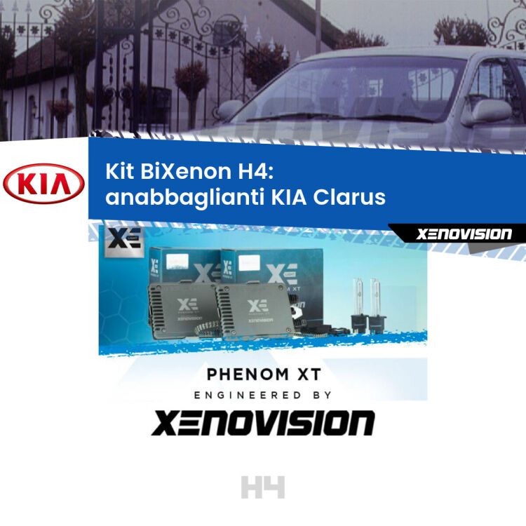 Kit Bixenon professionale H4 per KIA Clarus  (1996 - 2001). Taglio di luce perfetto, zero spie e riverberi. Leggendaria elettronica Canbus Xenovision. Qualità Massima Garantita.