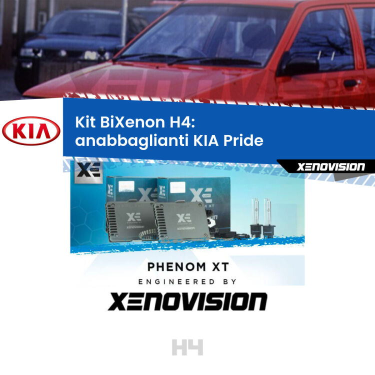 Kit Bixenon professionale H4 per KIA Pride  (1990 - 2001). Taglio di luce perfetto, zero spie e riverberi. Leggendaria elettronica Canbus Xenovision. Qualità Massima Garantita.