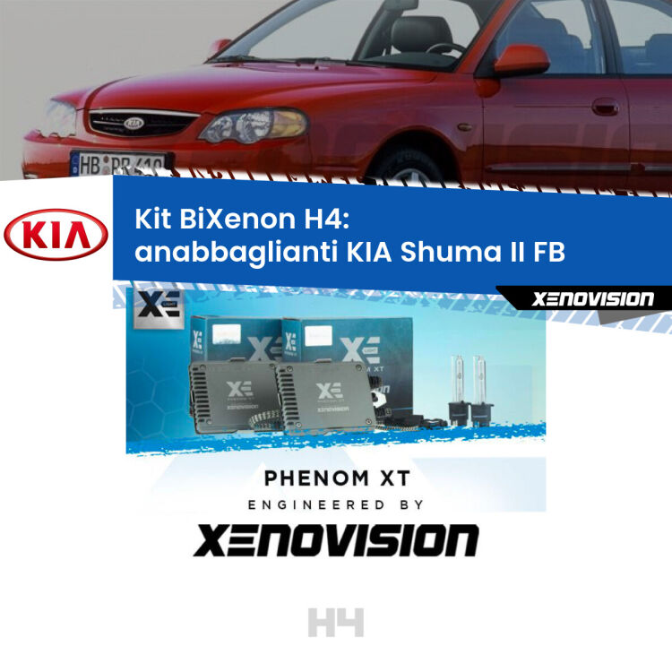 0 H4: Kit Bi Xenon KIA Shuma II FB (2001 - 2004) Specifico Zero-Spie Kit Bixenon professionale H4 per KIA Shuma II FB (2001 - 2004). Taglio di luce perfetto, zero spie e riverberi. Leggendaria elettronica Canbus Xenovision. Qualità Massima Garantita.