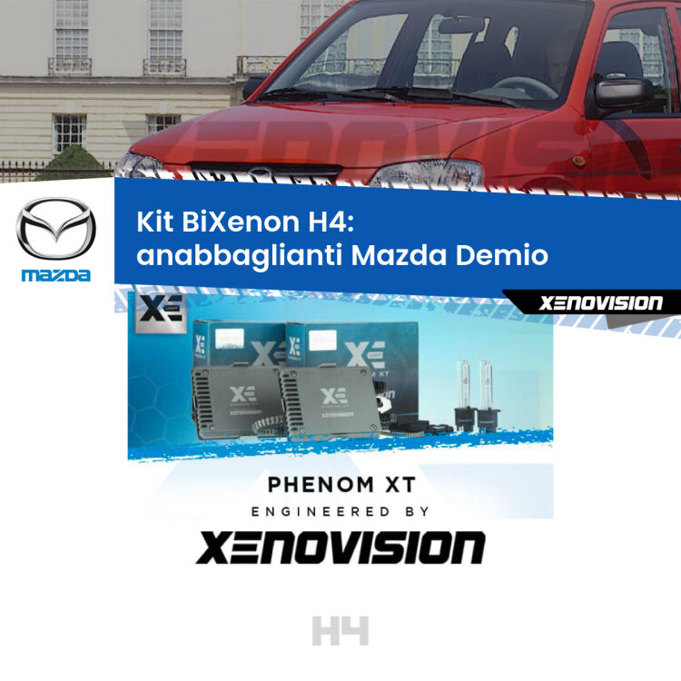 Kit Bixenon professionale H4 per Mazda Demio  (1998 - 2003). Taglio di luce perfetto, zero spie e riverberi. Leggendaria elettronica Canbus Xenovision. Qualità Massima Garantita.