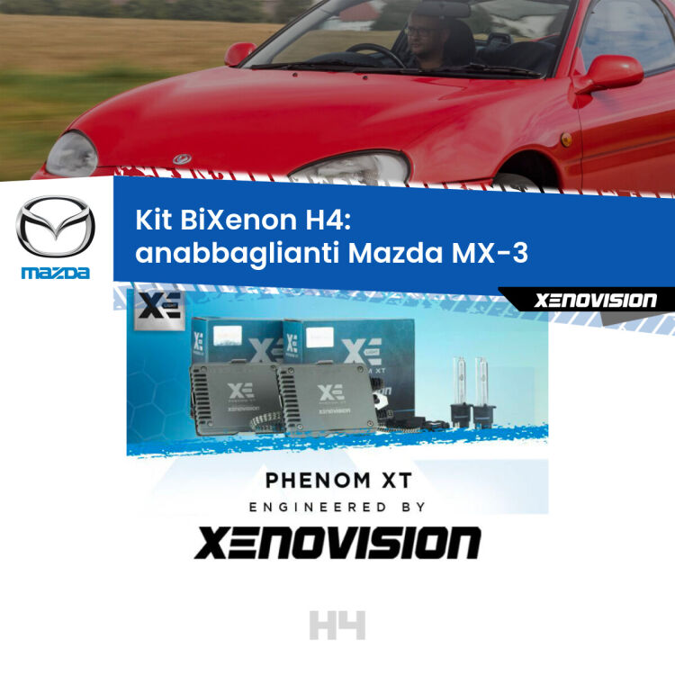 Kit Bixenon professionale H4 per Mazda MX-3  (1991 - 1998). Taglio di luce perfetto, zero spie e riverberi. Leggendaria elettronica Canbus Xenovision. Qualità Massima Garantita.