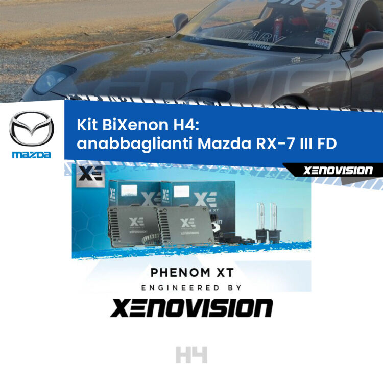 Kit Bixenon professionale H4 per Mazda RX-7 III FD (1992 - 2002). Taglio di luce perfetto, zero spie e riverberi. Leggendaria elettronica Canbus Xenovision. Qualità Massima Garantita.