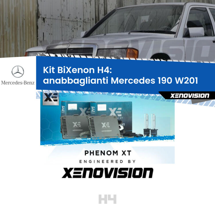 Kit Bixenon professionale H4 per Mercedes 190 W201 (1982 - 1993). Taglio di luce perfetto, zero spie e riverberi. Leggendaria elettronica Canbus Xenovision. Qualità Massima Garantita.