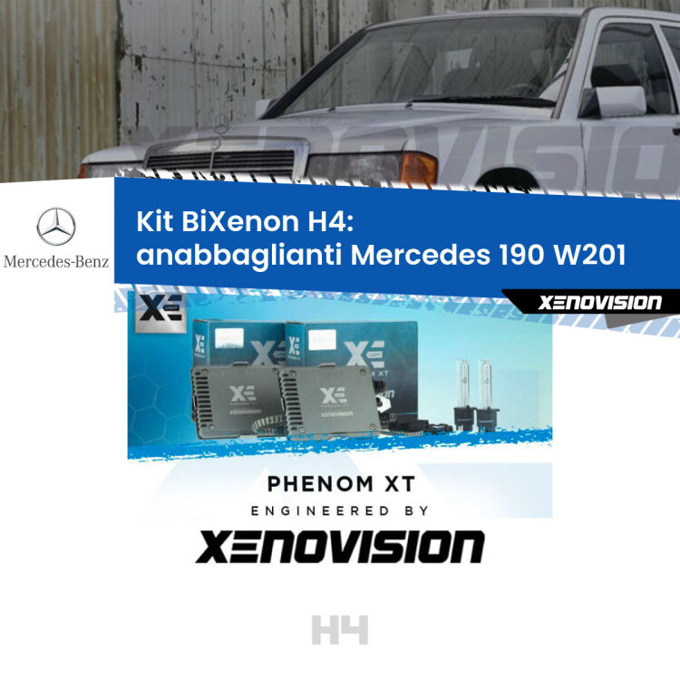 0 H4: Kit Bi Xenon Mercedes 190 W201 (1982 - 1993) Specifico Zero-Spie Kit Bixenon professionale H4 per Mercedes 190 W201 (1982 - 1993). Taglio di luce perfetto, zero spie e riverberi. Leggendaria elettronica Canbus Xenovision. Qualità Massima Garantita.