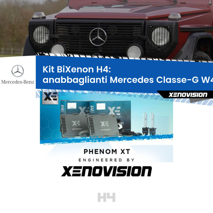 Kit Bixenon professionale H4 per Mercedes Classe-G W461 (1990 - 2000). Taglio di luce perfetto, zero spie e riverberi. Leggendaria elettronica Canbus Xenovision. Qualità Massima Garantita.
