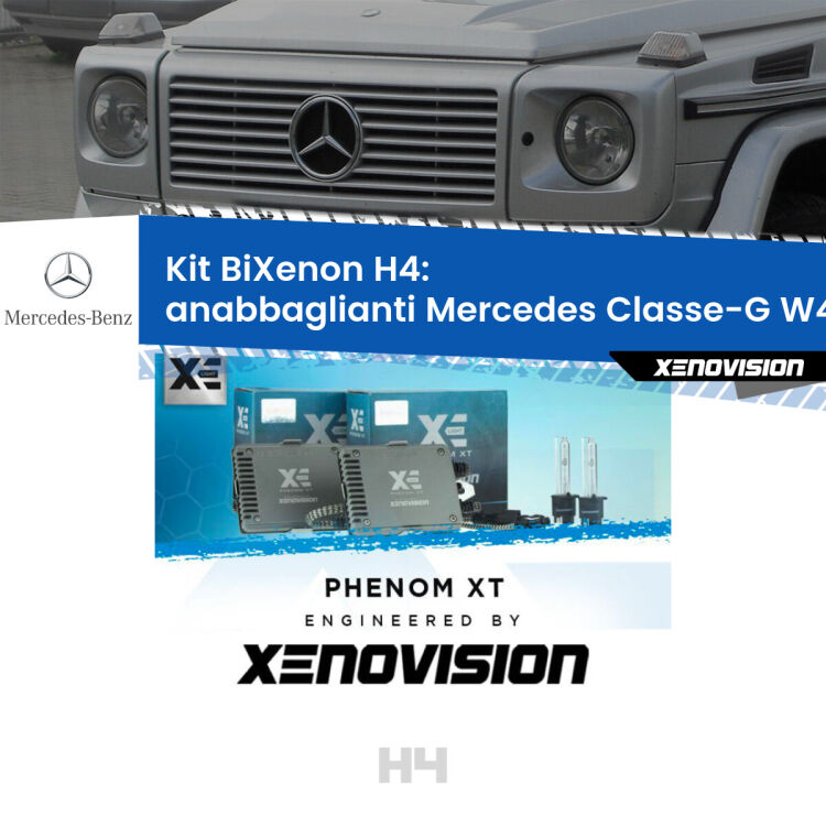 Kit Bixenon professionale H4 per Mercedes Classe-G W463 (1991 - 2004). Taglio di luce perfetto, zero spie e riverberi. Leggendaria elettronica Canbus Xenovision. Qualità Massima Garantita.