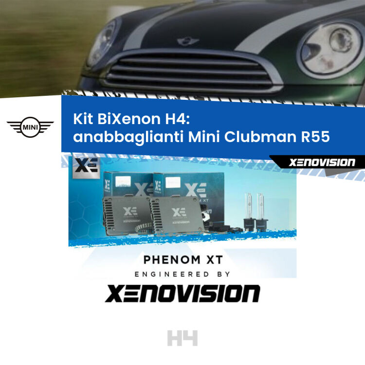 0 H4: Kit Bi Xenon Mini Clubman R55 (2007 - 2015) Specifico Zero-Spie Kit Bixenon professionale H4 per Mini Clubman R55 (2007 - 2015). Taglio di luce perfetto, zero spie e riverberi. Leggendaria elettronica Canbus Xenovision. Qualità Massima Garantita.