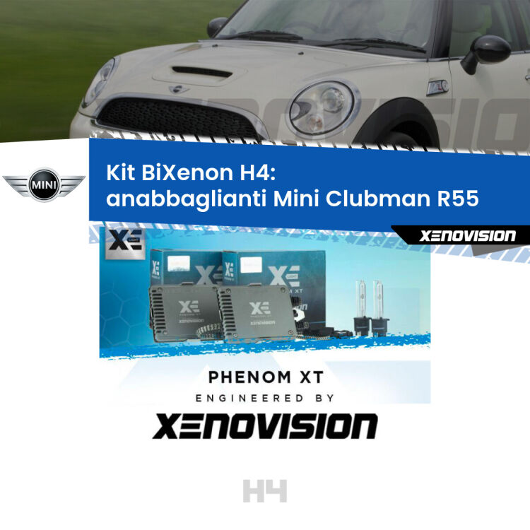 Kit Bixenon professionale H4 per Mini Clubman R55 (2007 - 2015). Taglio di luce perfetto, zero spie e riverberi. Leggendaria elettronica Canbus Xenovision. Qualità Massima Garantita.