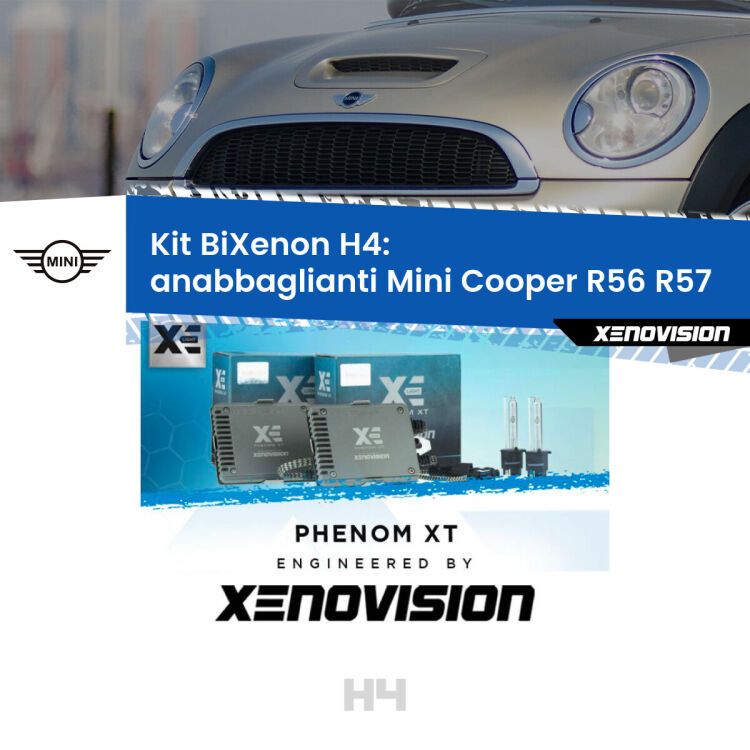 0 H4: Kit Bi Xenon Mini Cooper R56 R57 (2006 - 2013) Specifico Zero-Spie Kit Bixenon professionale H4 per Mini Cooper R56 R57 (2006 - 2013). Taglio di luce perfetto, zero spie e riverberi. Leggendaria elettronica Canbus Xenovision. Qualità Massima Garantita.