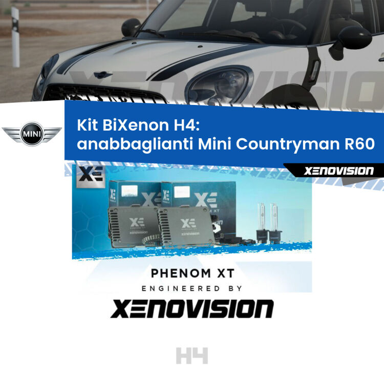 Kit Bixenon professionale H4 per Mini Countryman R60 (2010 - 2016). Taglio di luce perfetto, zero spie e riverberi. Leggendaria elettronica Canbus Xenovision. Qualità Massima Garantita.