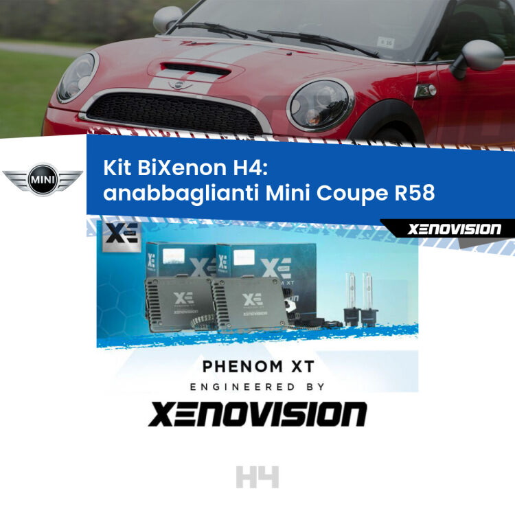 Kit Bixenon professionale H4 per Mini Coupe R58 (2011 - 2015). Taglio di luce perfetto, zero spie e riverberi. Leggendaria elettronica Canbus Xenovision. Qualità Massima Garantita.