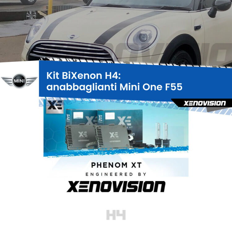 Kit Bixenon professionale H4 per Mini One F55 (2013 - 2017). Taglio di luce perfetto, zero spie e riverberi. Leggendaria elettronica Canbus Xenovision. Qualità Massima Garantita.