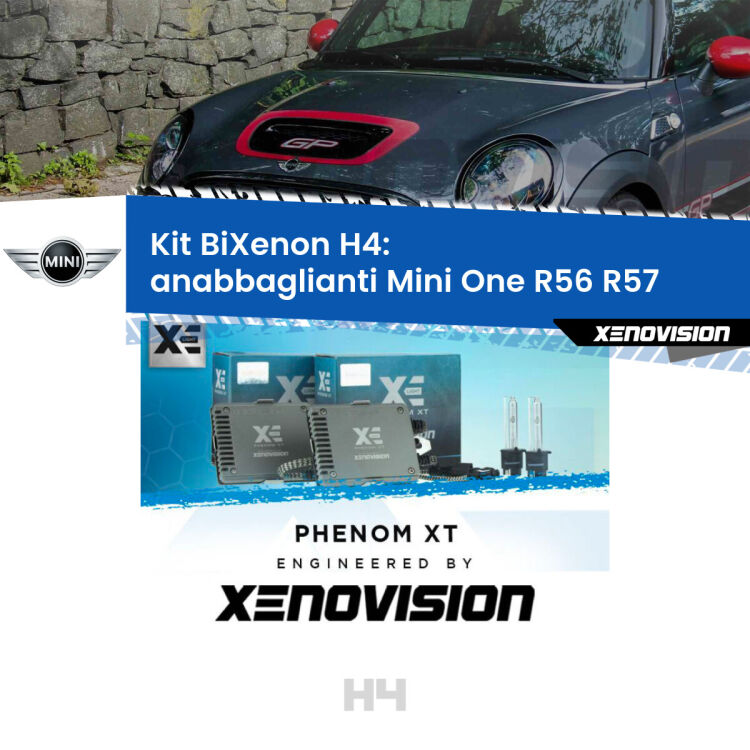 Kit Bixenon professionale H4 per Mini One R56 R57 (2006 - 2013). Taglio di luce perfetto, zero spie e riverberi. Leggendaria elettronica Canbus Xenovision. Qualità Massima Garantita.