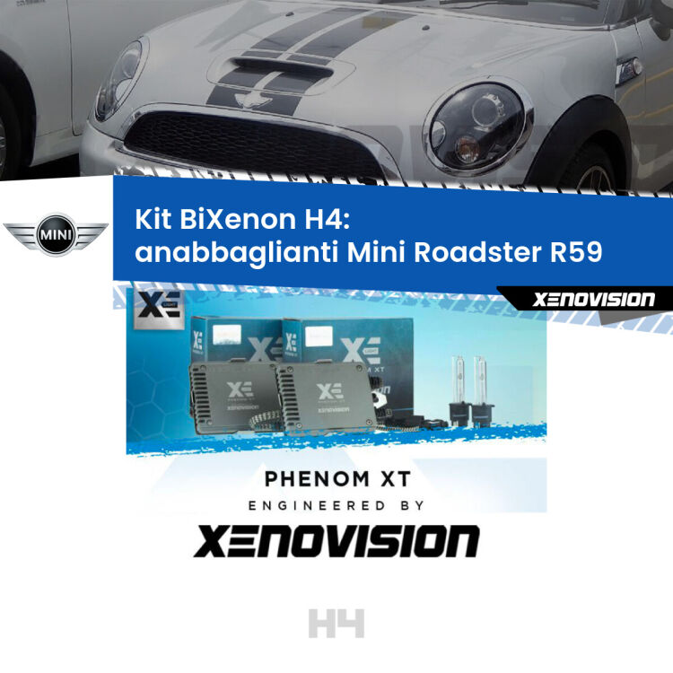 Kit Bixenon professionale H4 per Mini Roadster R59 (2012 - 2015). Taglio di luce perfetto, zero spie e riverberi. Leggendaria elettronica Canbus Xenovision. Qualità Massima Garantita.