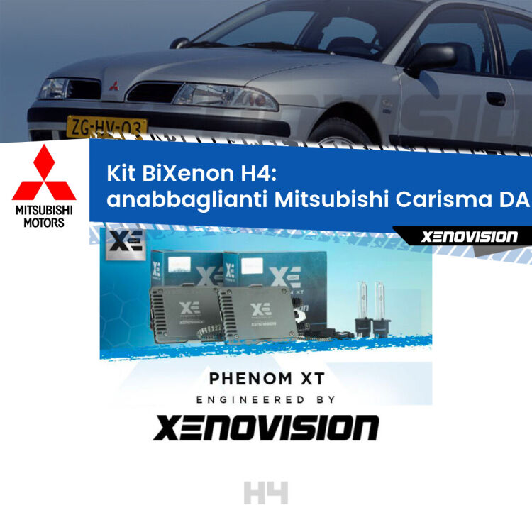 Kit Bixenon professionale H4 per Mitsubishi Carisma DA (1995 - 2006). Taglio di luce perfetto, zero spie e riverberi. Leggendaria elettronica Canbus Xenovision. Qualità Massima Garantita.