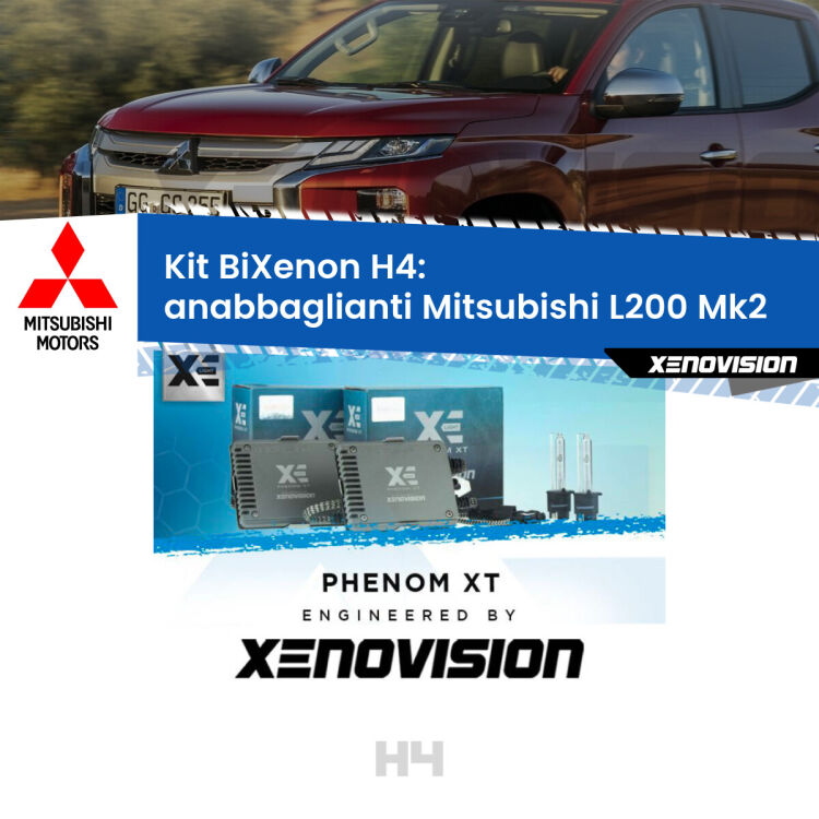 Kit Bixenon professionale H4 per Mitsubishi L200 Mk2 (1986 - 1996). Taglio di luce perfetto, zero spie e riverberi. Leggendaria elettronica Canbus Xenovision. Qualità Massima Garantita.