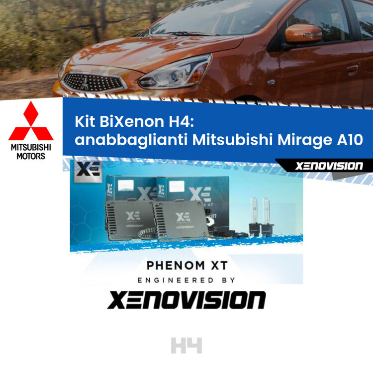 Kit Bixenon professionale H4 per Mitsubishi Mirage A10 (2013 in poi). Taglio di luce perfetto, zero spie e riverberi. Leggendaria elettronica Canbus Xenovision. Qualità Massima Garantita.