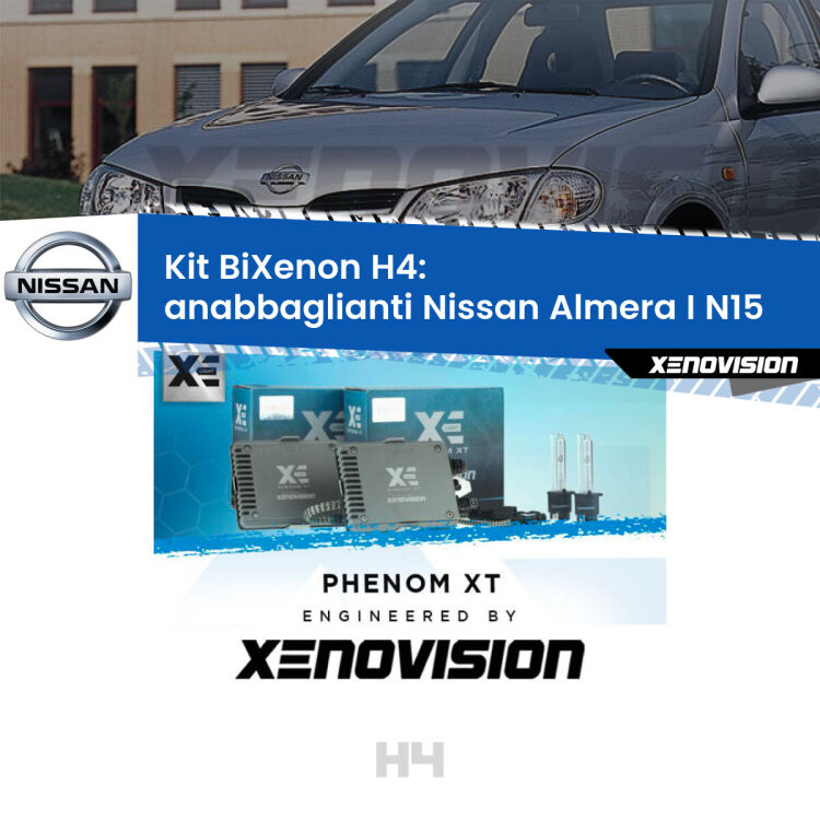 Kit Bixenon professionale H4 per Nissan Almera I N15 (1995 - 2000). Taglio di luce perfetto, zero spie e riverberi. Leggendaria elettronica Canbus Xenovision. Qualità Massima Garantita.