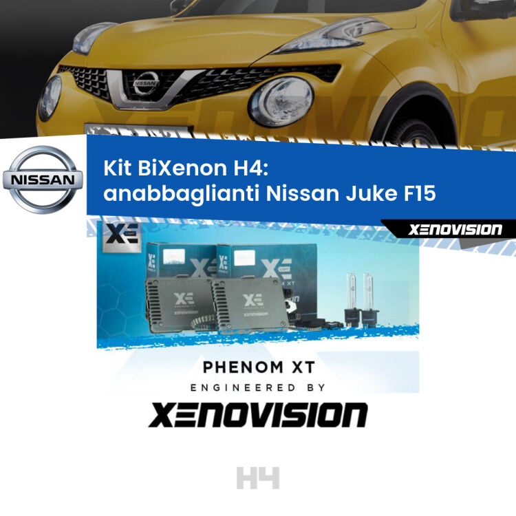 Kit Bixenon professionale H4 per Nissan Juke F15 (2010 - 2014). Taglio di luce perfetto, zero spie e riverberi. Leggendaria elettronica Canbus Xenovision. Qualità Massima Garantita.