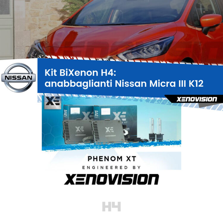 0 H4: Kit Bi Xenon Nissan Micra III K12 (2002 - 2010) Specifico Zero-Spie Kit Bixenon professionale H4 per Nissan Micra III K12 (2002 - 2010). Taglio di luce perfetto, zero spie e riverberi. Leggendaria elettronica Canbus Xenovision. Qualità Massima Garantita.
