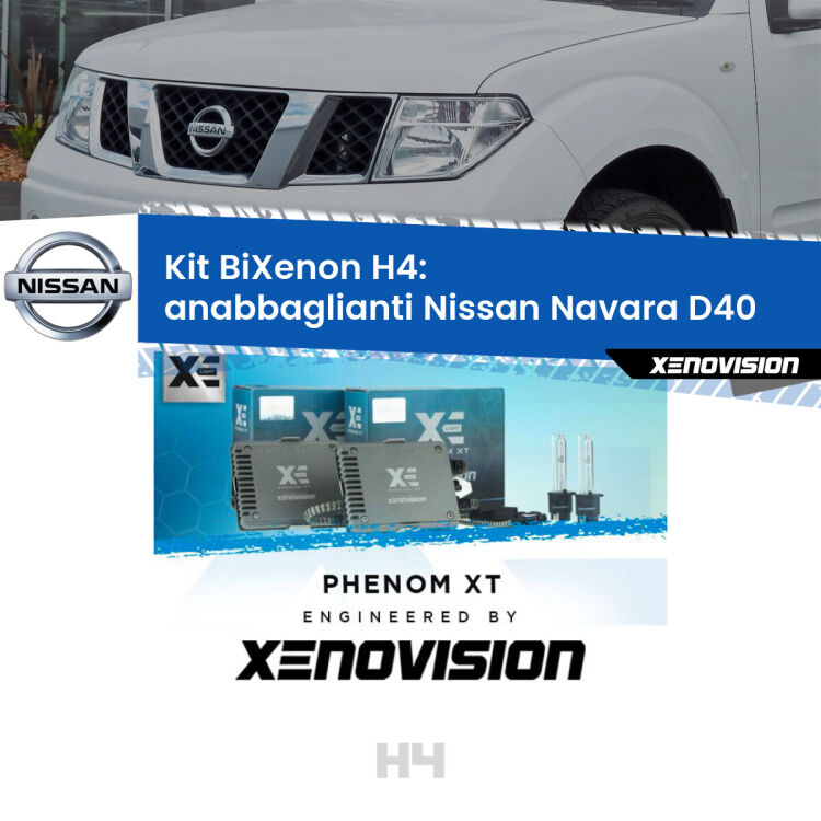 Kit Bixenon professionale H4 per Nissan Navara D40 (2004 - 2016). Taglio di luce perfetto, zero spie e riverberi. Leggendaria elettronica Canbus Xenovision. Qualità Massima Garantita.