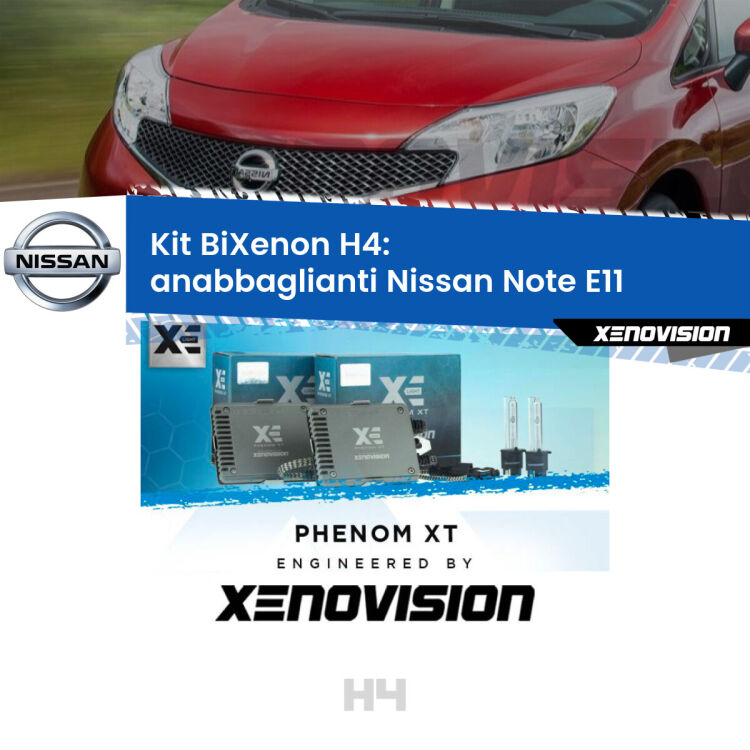 Kit Bixenon professionale H4 per Nissan Note E11 (2006 - 2013). Taglio di luce perfetto, zero spie e riverberi. Leggendaria elettronica Canbus Xenovision. Qualità Massima Garantita.