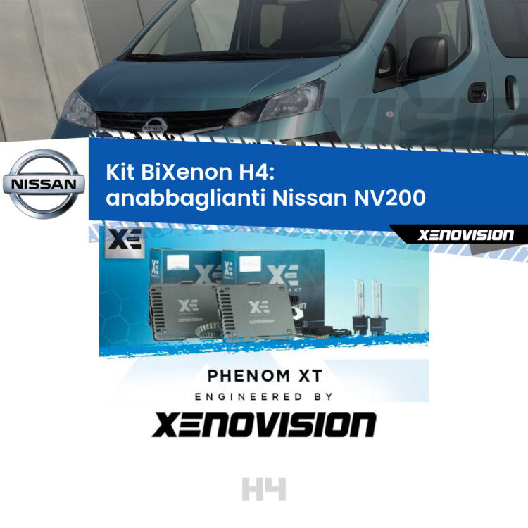 Kit Bixenon professionale H4 per Nissan NV200  (2010 - 2019). Taglio di luce perfetto, zero spie e riverberi. Leggendaria elettronica Canbus Xenovision. Qualità Massima Garantita.