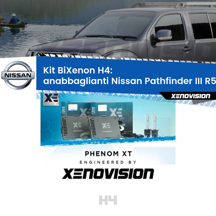 Kit Bixenon professionale H4 per Nissan Pathfinder III R51 (2005 - 2011). Taglio di luce perfetto, zero spie e riverberi. Leggendaria elettronica Canbus Xenovision. Qualità Massima Garantita.