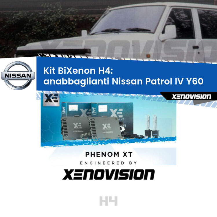 Kit Bixenon professionale H4 per Nissan Patrol IV Y60 (1988 - 1997). Taglio di luce perfetto, zero spie e riverberi. Leggendaria elettronica Canbus Xenovision. Qualità Massima Garantita.