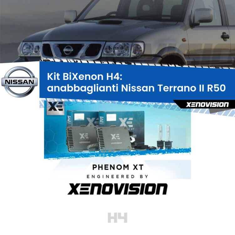 Kit Bixenon professionale H4 per Nissan Terrano II R50 (1997 - 2004). Taglio di luce perfetto, zero spie e riverberi. Leggendaria elettronica Canbus Xenovision. Qualità Massima Garantita.