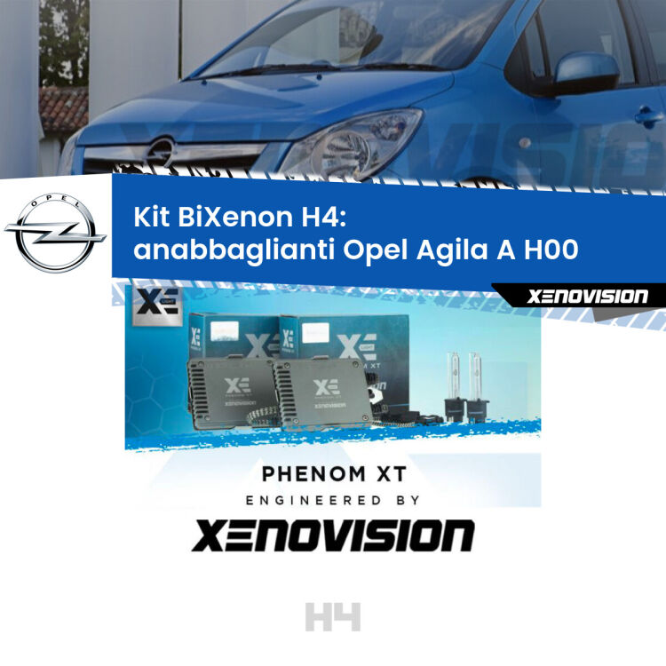 0 H4: Kit Bi Xenon Opel Agila A H00 (2000 - 2007) Specifico Zero-Spie Kit Bixenon professionale H4 per Opel Agila A H00 (2000 - 2007). Taglio di luce perfetto, zero spie e riverberi. Leggendaria elettronica Canbus Xenovision. Qualità Massima Garantita.
