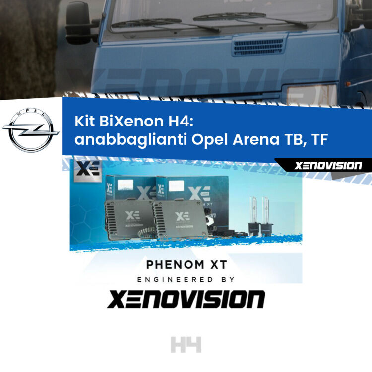 Kit Bixenon professionale H4 per Opel Arena TB, TF (1998 - 2001). Taglio di luce perfetto, zero spie e riverberi. Leggendaria elettronica Canbus Xenovision. Qualità Massima Garantita.