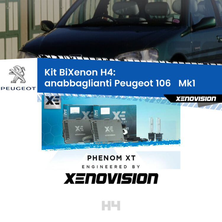 Kit Bixenon professionale H4 per Peugeot 106   Mk1 (1991 - 1996). Taglio di luce perfetto, zero spie e riverberi. Leggendaria elettronica Canbus Xenovision. Qualità Massima Garantita.