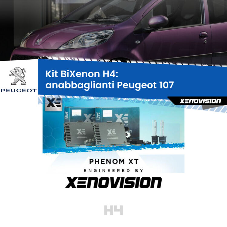 Kit Bixenon professionale H4 per Peugeot 107  (2005 - 2014). Taglio di luce perfetto, zero spie e riverberi. Leggendaria elettronica Canbus Xenovision. Qualità Massima Garantita.