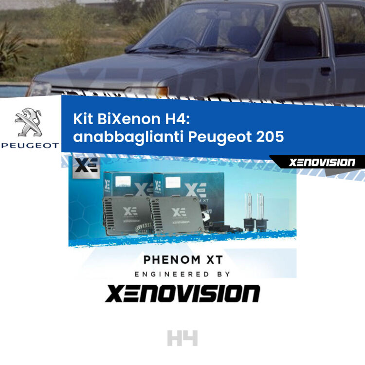Kit Bixenon professionale H4 per Peugeot 205  (1983 - 1999). Taglio di luce perfetto, zero spie e riverberi. Leggendaria elettronica Canbus Xenovision. Qualità Massima Garantita.