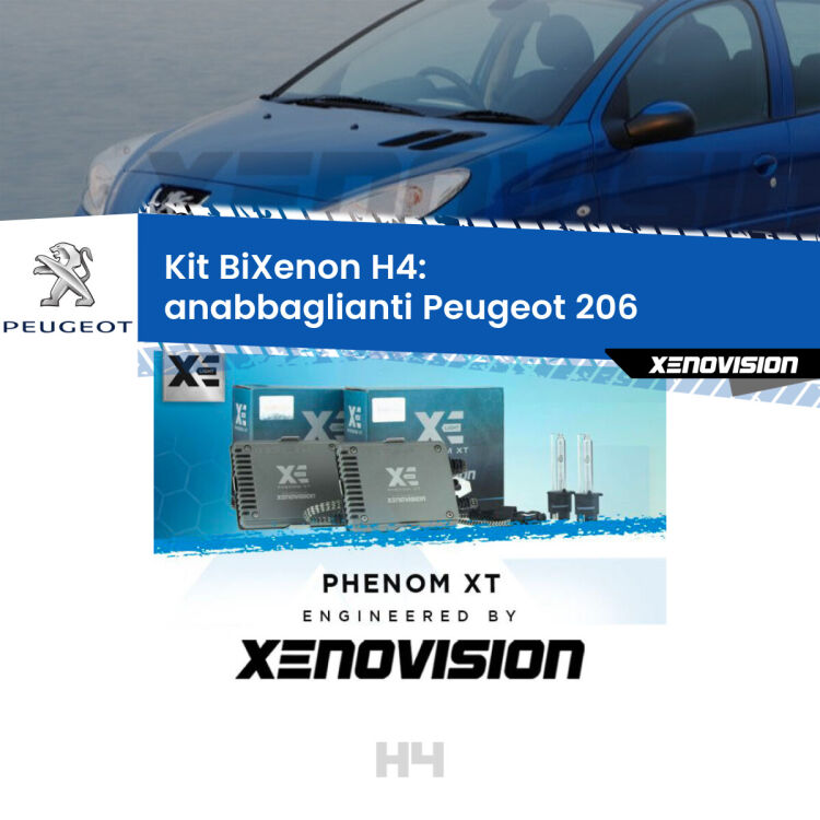 Kit Bixenon professionale H4 per Peugeot 206  (1998 - 2002). Taglio di luce perfetto, zero spie e riverberi. Leggendaria elettronica Canbus Xenovision. Qualità Massima Garantita.