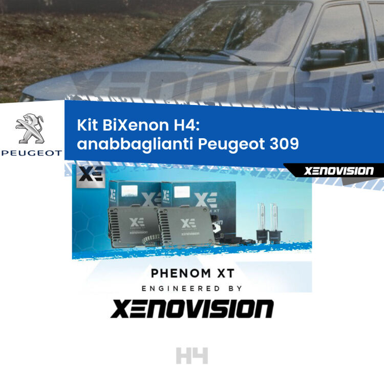 0 H4: Kit Bi Xenon Peugeot 309 (1989 - 1993) Specifico Zero-Spie Kit Bixenon professionale H4 per Peugeot 309 (1989 - 1993). Taglio di luce perfetto, zero spie e riverberi. Leggendaria elettronica Canbus Xenovision. Qualità Massima Garantita.