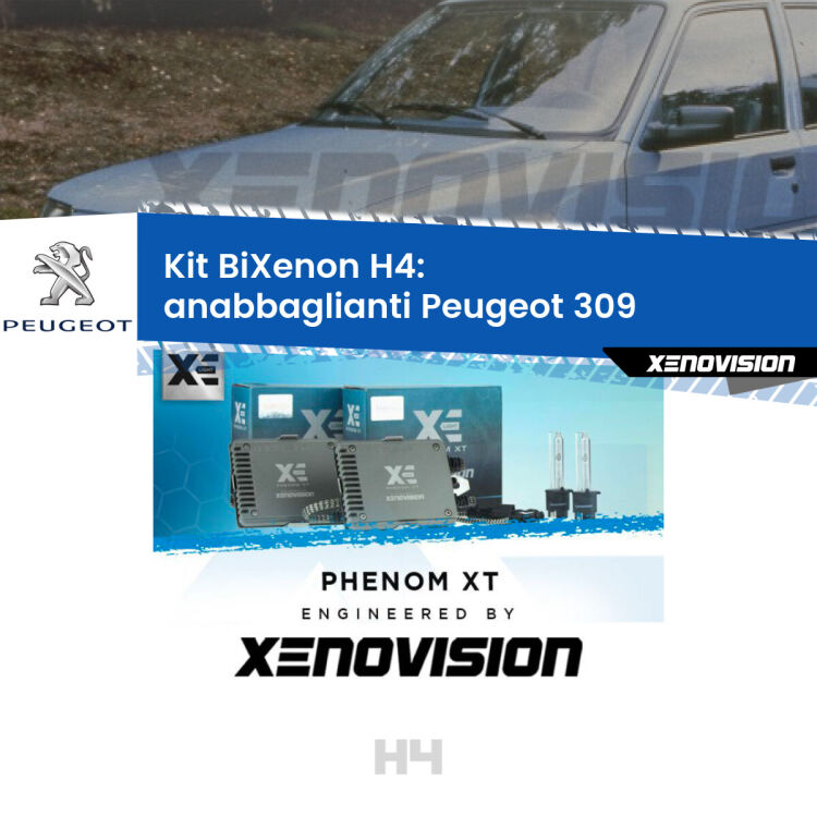Kit Bixenon professionale H4 per Peugeot 309  (1989 - 1993). Taglio di luce perfetto, zero spie e riverberi. Leggendaria elettronica Canbus Xenovision. Qualità Massima Garantita.