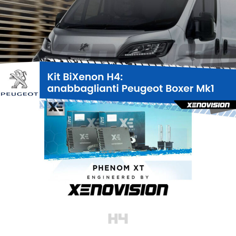 Kit Bixenon professionale H4 per Peugeot Boxer Mk1 (1994 - 2002). Taglio di luce perfetto, zero spie e riverberi. Leggendaria elettronica Canbus Xenovision. Qualità Massima Garantita.