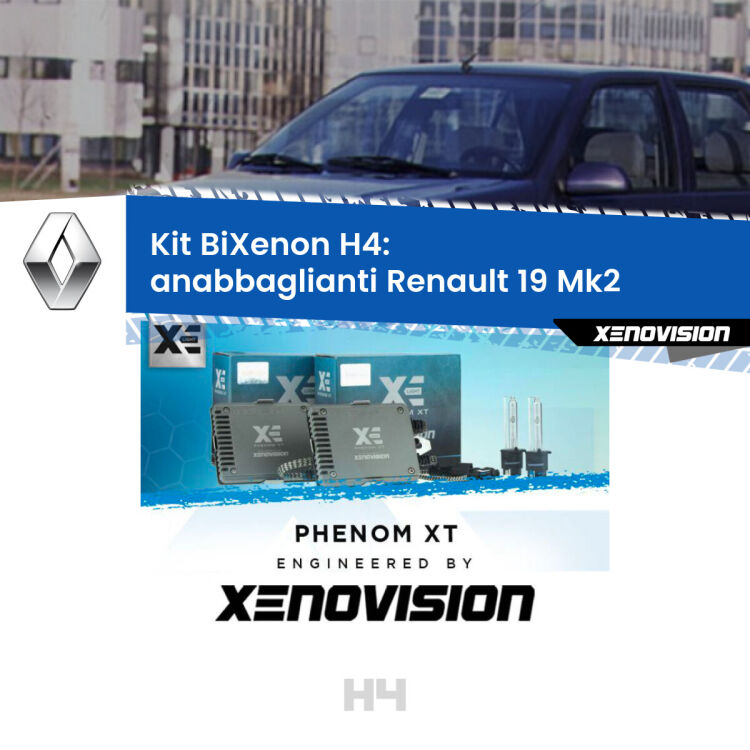 Kit Bixenon professionale H4 per Renault 19 Mk2 (1992 - 1995). Taglio di luce perfetto, zero spie e riverberi. Leggendaria elettronica Canbus Xenovision. Qualità Massima Garantita.