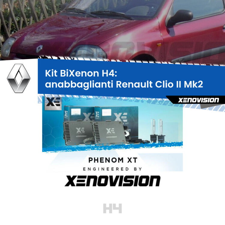 Kit Bixenon professionale H4 per Renault Clio II Mk2 (a parabola singola). Taglio di luce perfetto, zero spie e riverberi. Leggendaria elettronica Canbus Xenovision. Qualità Massima Garantita.