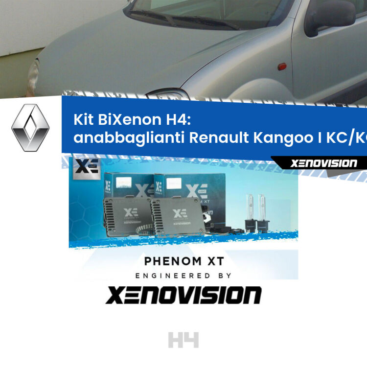 Kit Bixenon professionale H4 per Renault Kangoo I KC/KC (1997 - 2006). Taglio di luce perfetto, zero spie e riverberi. Leggendaria elettronica Canbus Xenovision. Qualità Massima Garantita.