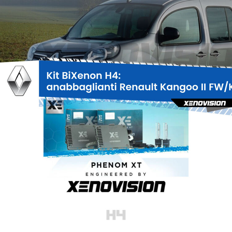 Kit Bixenon professionale H4 per Renault Kangoo II FW/KW (2008 in poi). Taglio di luce perfetto, zero spie e riverberi. Leggendaria elettronica Canbus Xenovision. Qualità Massima Garantita.
