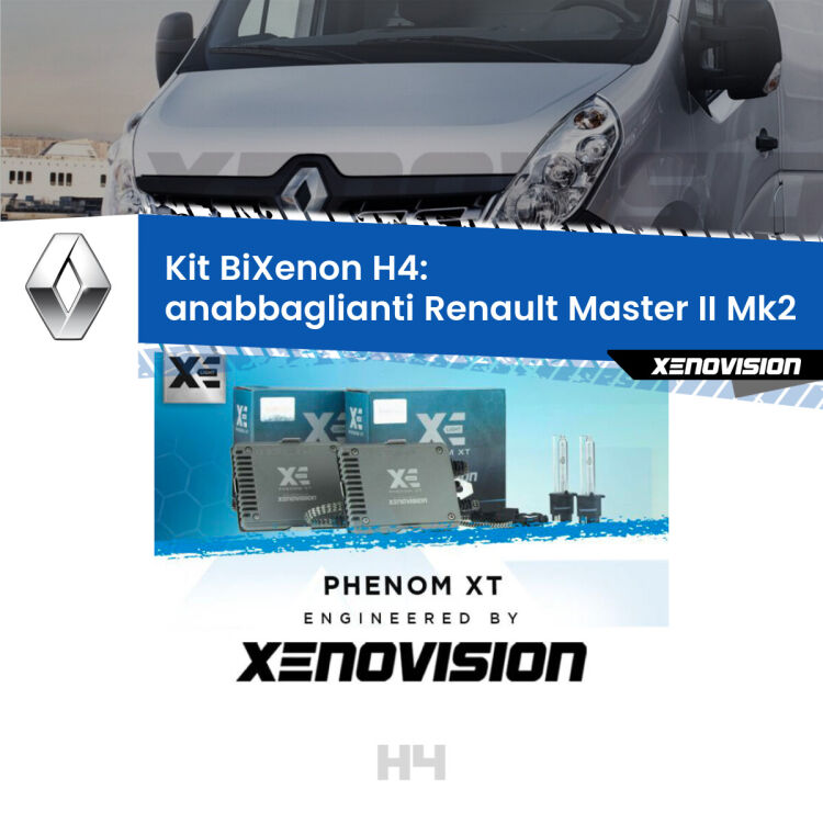 Kit Bixenon professionale H4 per Renault Master II Mk2 (a parabola singola). Taglio di luce perfetto, zero spie e riverberi. Leggendaria elettronica Canbus Xenovision. Qualità Massima Garantita.