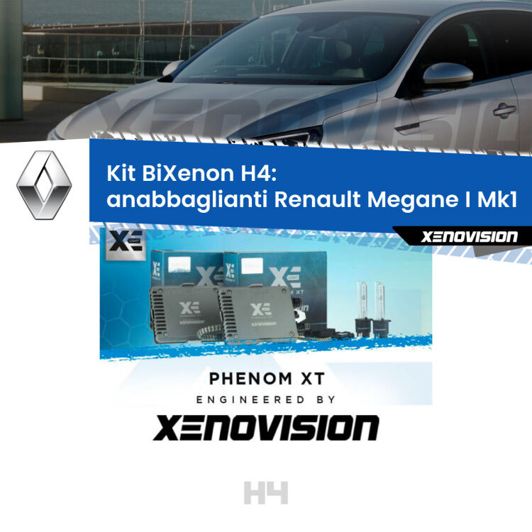 Kit Bixenon professionale H4 per Renault Megane I Mk1 (a parabola singola). Taglio di luce perfetto, zero spie e riverberi. Leggendaria elettronica Canbus Xenovision. Qualità Massima Garantita.